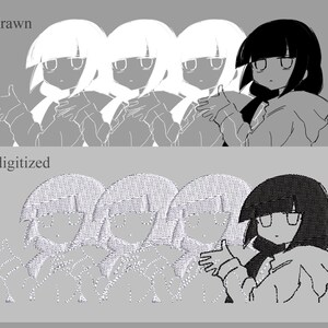 May include: A grayscale illustration featuring a cartoon character with black hair and a hooded jacket. The image is split into two sections, labeled "drawn" and "digitized," showcasing the character in different styles. The character is giving a thumbs up.