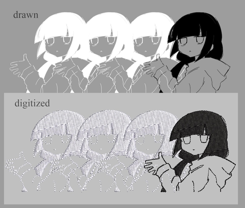 May include: A grayscale illustration featuring a cartoon character with black hair and a hooded jacket. The image is split into two sections, labeled "drawn" and "digitized," showcasing the character in different styles. The character is giving a thumbs up.