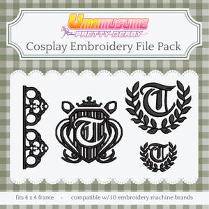 May include: Cosplay Embroidery File Pack with multiple black designs. The designs include a decorative border, a crest with the letter "T", and two variations of the letter "T" surrounded by laurel wreaths. The text "Umamusume Pretty Derby" is at the top.