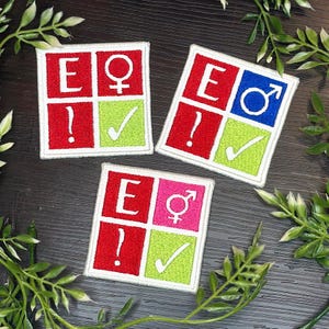 Pode incluir: Patches quadrados bordados com borda branca. Cada patch apresenta um quadrado vermelho com um "E" branco e um ponto de exclamação, e um quadrado verde com uma marca de verificação. Os outros quadrados têm símbolos de gênero em rosa e azul.