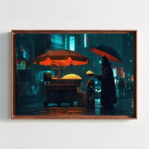 サイバーパンクな雨の夜の屋台 - 未来的なデジタル印刷可能な壁アート - 家庭やオフィス用のネオンシティスケープ装飾、AI生成