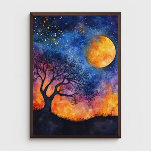Starry Night Glow - Verträumter Aquarell Himmel, Halbmond & Baum Kunst, KI-generierte himmlische Wanddekoration, druckbares Poster, Sofort Download