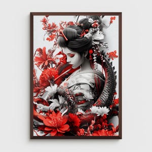 Geisha and Dragon: A Japanese-Inspired Digital Art Piece, printable wall art, black, white and red digital poster art for living room