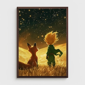 Wunderlicher kleiner Prinz und Fuchs unter einem sternenklaren Nachthimmel – Fantasy druckbare Wandkunst für Kinderzimmer, Kinderzimmer oder Märchenbuch Liebhaber