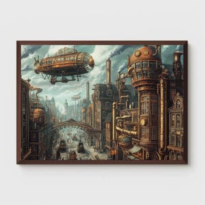 Steampunk Cityscape Digital Art Print - Victorian Futuristic Fantasy Printable Wall Art - Industrial Retro Sci-Fi Aesthetic by PixelHive