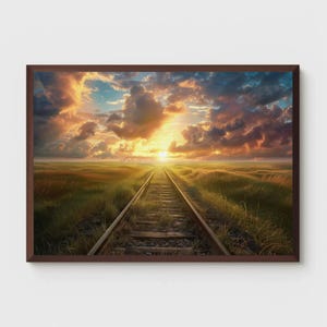 Arte digital Atardecer en el ferrocarril: arte mural con paisaje vibrante, escena serena de vías de tren, decoración para el hogar y la oficina, descarga instantánea, póster imprimible
