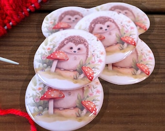 HANDMADE Buttons. Set of 6  Hedgehog and Toadstool Sewing Buttons. Assorted Sizes Available. Washer and Dryer Safe.