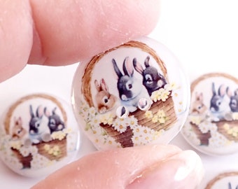 HANDMADE Buttons. Set of 6 Handmade Rabbits or Bunnies in Basket Sewing Buttons.  3/4"  (20 mm).  Easter Sewing Buttons.