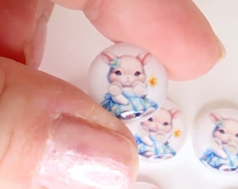 HANDMADE Buttons. Set of 6 Handmade Bunny or Rabbit in Blue Dress Sewing Buttons.  Easter or Spring Buttons.  SMALL 1/2" or 13 mm.