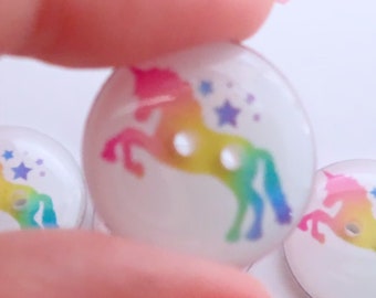 HANDMADE Buttons. Set of 6 Handmade Pink Yellow Turquoise and Blue Unicorn Sewing Buttons. Assorted Sizes Available.