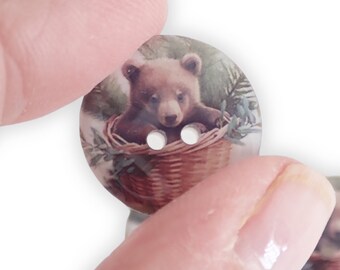 HANDMADE Buttons.  6 Cute Bear Cub in Basket Sewing Buttons. Assorted Sizes Available.