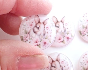 HANDMADE Buttons. Set of 6 Handmade Bunny or Rabbit and Cherry Blossoms Sewing Buttons.  Easter or Spring Buttons.  Assorted Sizes.