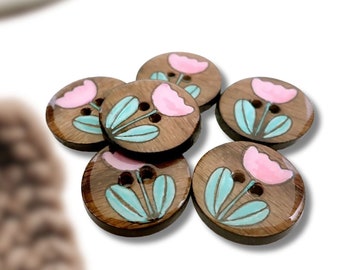 HANDMADE Pink Tulip or Flower WoodenButtons. Set of 6  Handmade Hand Painted  Wooden Sewing Buttons.   Assorted Sizes Available.