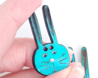 HANDMADE Wooden Buttons. Set of 2  Handmade Hand Painted BLUE Primitive Rabbit or Bunny Sewing Buttons.  1 1/8" tall by 5/8" or 16 mm wide.