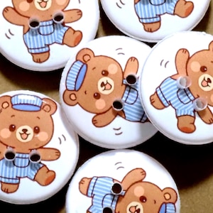 Set of 6 Handmade Train Conductor Bear Handmade Sewing Buttons.  Assorted Sizes Available.