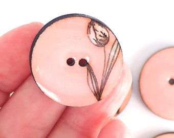 HANDMADE Buttons.  Pink Tulip or Flower Wooden Buttons. Set of 6  Handmade Hand Painted  Wooden Sewing Buttons.   Assorted Sizes Available.