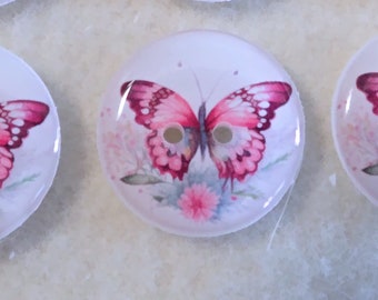 Set of 6 Pink and Purple Butterfly and Flower Handmade Sewing Buttons.  Assorted Sizes Available.