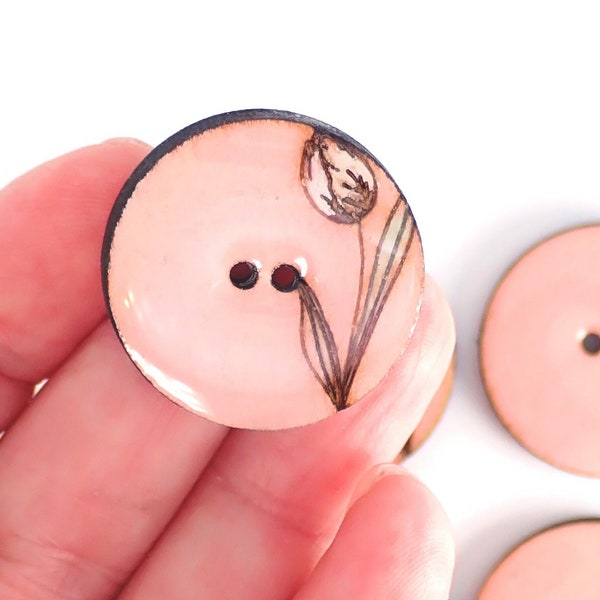 HANDMADE Buttons.  Pink Tulip or Flower Wooden Buttons. Set of 6  Handmade Hand Painted  Wooden Sewing Buttons.   Assorted Sizes Available.