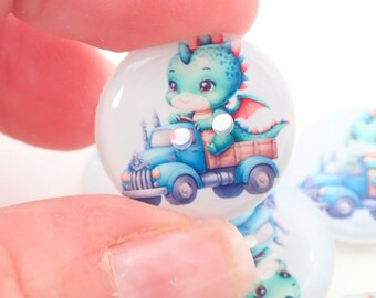 HANDMADE BUTTONS. Set of 6 Handmade Turquoise Green Dragon Riding a Blue Truck Sewing Buttons.  Assorted Sizes Available.