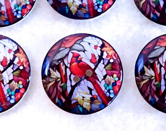 Set of 6 Handmade Bright Red  Cardinal Sewing Buttons.  Stained Glass Cardinal Image. Washer and Dryer Safe.  Choose Your Size.
