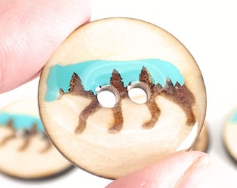 HANDMADE BUTTONS.  Set of 6  Handmade Wooden Wolf Silhouette Sewing Buttons.  Size 1" or 25 mm Round.