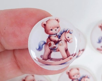 HANDMADE Buttons.  6 Teddy Bear on Rocking Horse Sewing Buttons. Assorted Sizes Available.