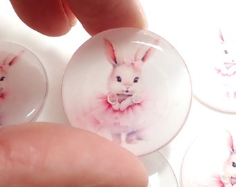 HANDMADE Buttons. Set of 6 Handmade Pink Ballerina Bunny or Rabbit Buttons.  Easter or Spring Sewing Buttons. Assorted Sizes Available.