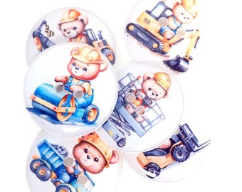 HANDMADE BUTTONS. 6 Teddy Bear Construction Vehicle Sewing Buttons.   Dump Truck, Back Hoe, Scissor Lift, Fork Lift, Steam Roller.