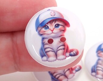 HANDMADE Buttons.  6 Baseball Cat or Kitten Sewing Buttons.  3/4" or 20 mm.