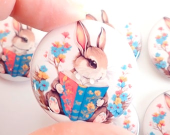 HANDMADE Buttons. Set of 6 Handmade Bunny or Rabbit with Book Buttons.  Easter or Spring Sewing Buttons. Assorted Sizes Available.