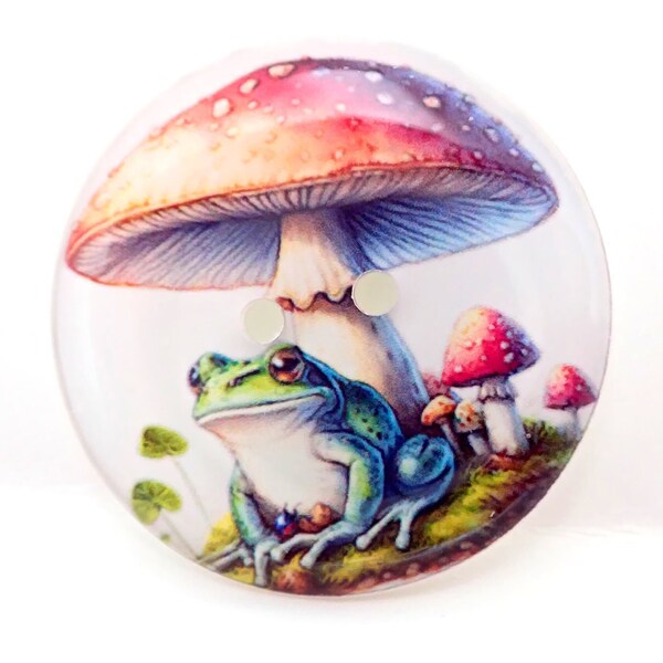 Set of 6 HANDMADE Frog and Toadstool Handmade Sewing Buttons.  1" or 25 mm.  Machine Washable.  Dryer Safe.