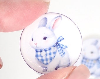 HANDMADE Buttons. Set of 6 Handmade Bunny or Rabbit in Blue Gingham Sewing Buttons.  Easter or Spring Buttons.  Assorted Sizes Available.