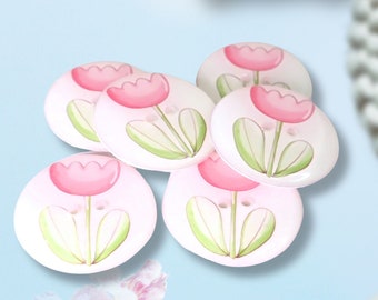 HANDMADE  Buttons. Set of 6 Handmade Pink Flower or Tulip Sewing Buttons.  Assorted Sizes Available.  Extra large to Extra Small.