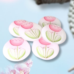 HANDMADE Buttons. Set of 6 Handmade Pink Flower or Tulip Sewing Buttons. Assorted Sizes Available. Extra large to Extra Small. image 1