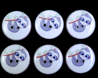 6  Hanging Sloth Buttons. Decorative Novelty Sewing Buttons.  Machine Washable. Assorted Sizes. (5/8" or 16 mm, 1/2" or 13 mm)