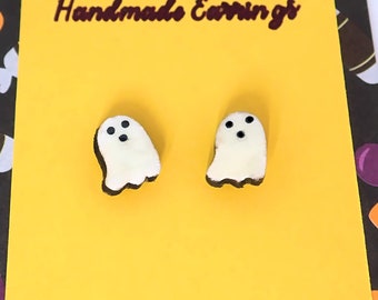 ONE pair of Handmade Hand Painted Wooden Stud or Post Earrings.  Small Ghost -Earrings.  1/2"or 1 cm tall.