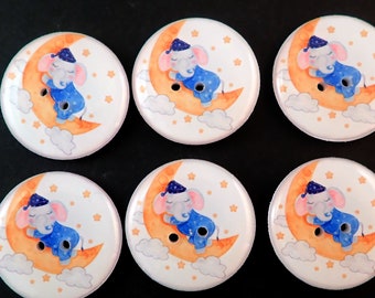 6 Cute Elephant Sleeping on the Moon Sewing or Knitting Buttons.  Choose Your Size.