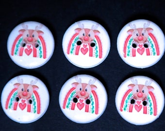 6 Cute Handmade Reindeer Rainbow Buttons.  5/8" (16 mm) Round Deer and Red and Green Christmas Rainbow Sewing Buttons.  Handmade By Me.