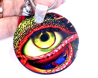 ONE Handmade Dragon Eye Keychain or Backpack Tag.  2" or 5 cm Round.