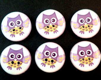 6 Owl Buttons. Grey and Yellow Owl handmade decorative craft buttons. 1" (25mm) or 3/4" (20mm) Round.