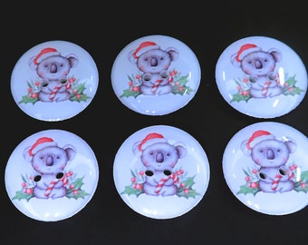 6 Cute Christmas Koala Bear Sewing Buttons.  Koala in Santa Hat with Holly and Berries and Candy Cane.  Choose Your Size.