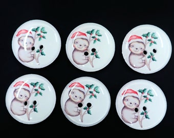 6 Cute Christmas Sloth Sewing Buttons.  Sloth in Santa Hat with Holly and Berries Buttons.  Choose Your Size.