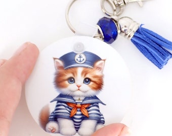 ONE Handmade Cute Sailor Cat or Kitten Keychain, Purse or Backpack Tag.  2" or 5 cm Round.