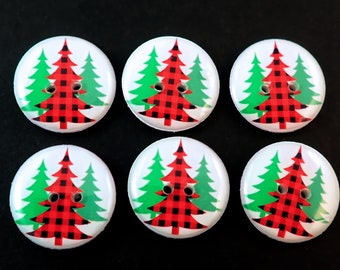 6 Red and Green Christmas Tree Buttons for Sewing, Knitting or Crochet. Buffalo Plaid Tree. Choose Your Size.
