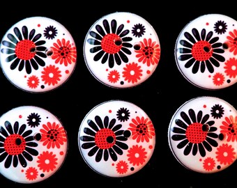 6  Red and Black Flower Sewing Buttons for Knitting, Crochet and Sewing.  3/4" or 20 mm Round.