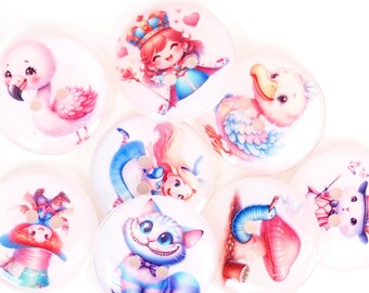 HANDMADE BUTTONS.  8 Alice in Wonderland Buttons for Sewing. Alice, White Rabbit, Cheshire Cat,  Flamingo, Red Queen. 3/4&quot; or 20 mm.