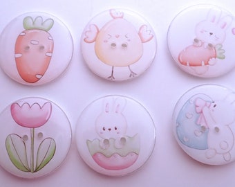 HANDMADE Buttons. 6 Assorted Easter Themed Sewing Buttons.  1" or 25 mm.