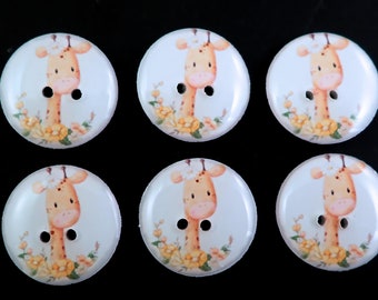 6 Yellow Giraffe and Flower Buttons.  Handmade Sewing Buttons.  Assorted Sizes Available.