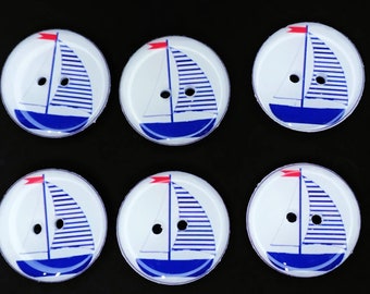 HANDMADE Buttons. 6 Navy Blue Sailboat buttons. Handmade buttons.  Navy Blue Boat. Choose Your Size.