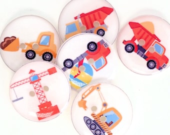 HANDMADE BUTTONS. 6 Construction Vehicle Sewing Buttons.   Dump Truck, Back Hoe, Crane, Cement Truck.  Assorted Sizes.